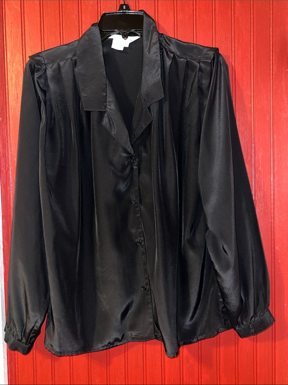 Vintage Susan Hutton Black Satin Button-Front Blouse with Soft Draping 8